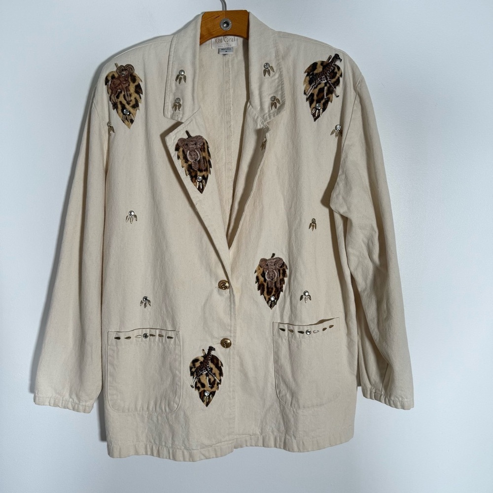Red Coral Jacket Beige Embroidered Safari Animals Leopard Print Utility M